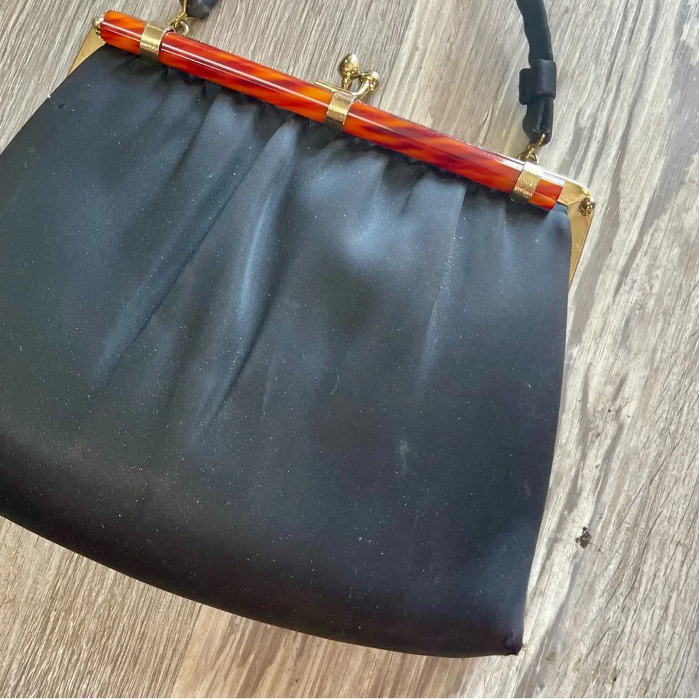 Vintage 60s Ande Black Satin Evening Bag + Tortoise Shell Style Clasp Purse - Picture 6 of 16